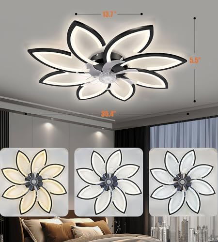 TANWO 2024 Modern 35" Ceiling Fan with Lights and Remote - Smart Stepless Dimming and Adjustable Color Temperature Low Profile Ceiling Fan with 6 Speeds for Bedroom and Living Room