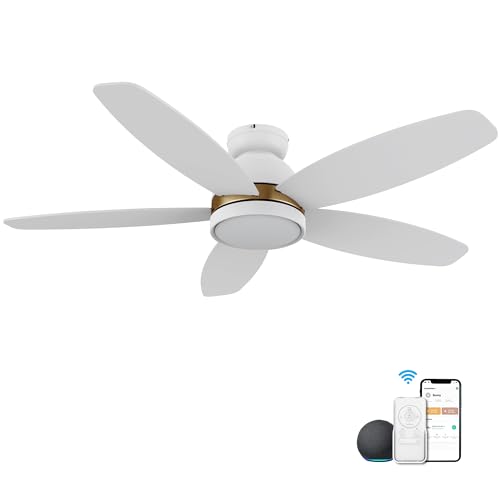 CEME 48" White Ceiling Fan with Light Flush Mount, Indoor & Outdoor Ceiling Fan with 10-Speed Quiet DC Motor, Smart Ceiling Fan Controlled by APP, Remote, Alexa, Siri & Google Home