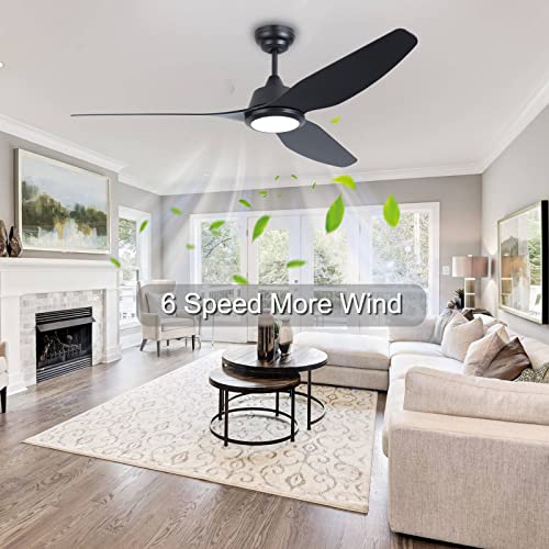 Ovlaim 56 Inch Smart Ceiling Fans with Lights and Remote, 3 Blade Indoor Outdoor Modern Black Ceiling Fan for Bedroom Living Room Patio, 6 Speed High CFM Quiet DC Motor