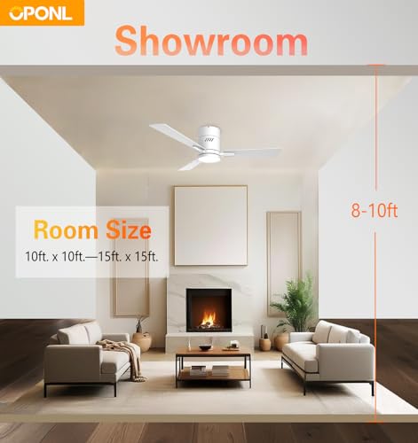OPONL White 42 inch Ceiling Fan with Light, Remote Control, Flush Mount, Noiseless, Reversible, 6CCT, Dimmable, 6 Speeds, Timeable, Low Profile Ceiling Fan with Light for Bedroom, indoor/outdoor