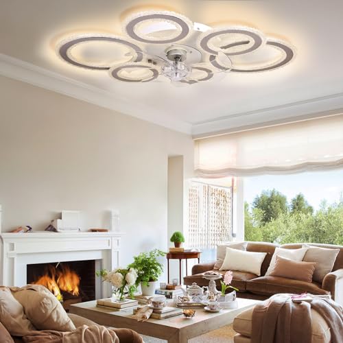 AFWAO 76cm Smart Ceiling Fans with Lights and Remote, Modern Low Profile 6 Reversible Speeds Bedroom Ceiling Fan with Lighting, LED Quiet Dimmable Ceiling Fan for Home Office Dining Room