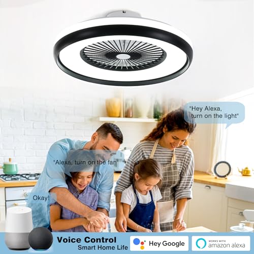 HUMHOLD 24" Bladeless Ceiling Fan with RGB Light Remote, Smart LED Ceiling Fans with Voice/App Control, Modern Low Profile Dimmable Light Ceiling Fan for Bedroom Living Room Black