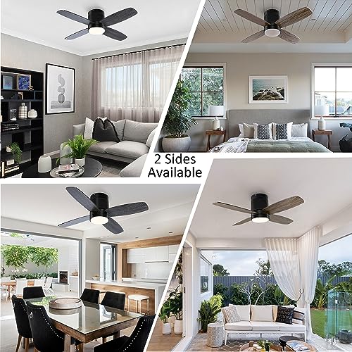 Ohniyou Ceiling Fan with Lights - 38'' Small Flush Mount Ceiling Fans Remote & APP Control - Dimmable Indoor Outdoor Quiet DC Low Profile Ceiling Fan for Patio Kitchen Bedroom(Black)