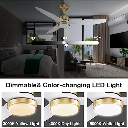 52 Inch Smart Ceiling Fans with Lights and Remote,Dimmable LED Light,Outdoor Indoor Gold White Ceiling Fan,Quiet DC Motor,High CFM 6 Speed,WIFI Alexa App Workable,for Bedroom Living Room Patio