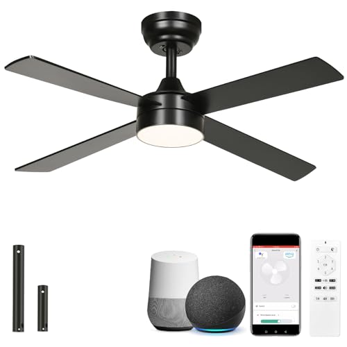 YITAHOME 48 Inch Black Ceiling Fan with Lights and Remote,4 Blades, App Control, Modern Smart Ceiling Fan Compatible with Alexa for Indoor Outdoor, Reversible Quiet Motor, Memory Function