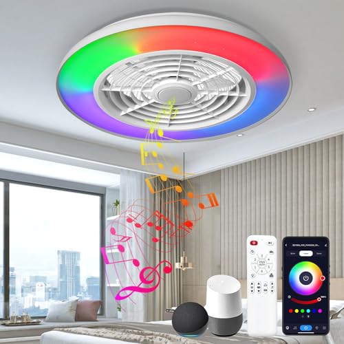 BAYSQUIRREL Wifi Low Profile Ceiling Fan with Light,Bluetooth Speaker Ceiling Fan 20In Smart Bladeless Ceiling Fans with Alexa/Google Assistant/App Control,6 Speed Dimmable LED-RGB Lights