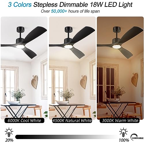 BOOSANT Ceiling Fans with Lights, Ceiling Fans with Lights and Remote Control, 52 inch Black Modern Smart Ceiling Fan with Light, Outdoor Ceiling Fans for Patios 3 Blade Bedroom Living Room（Black）