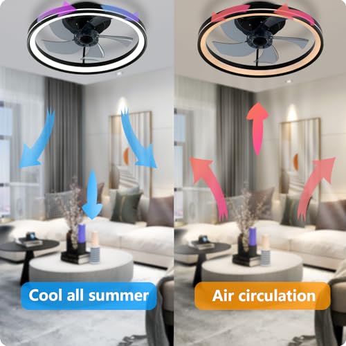 YeetFerret Bladeless Ceiling Fans with Light and Remote, Compatible with Alexa and Google Assistant,19" Flush Mount Ceiling Fan with Light Smart 3 Color LED and 6 Speeds Low Profile