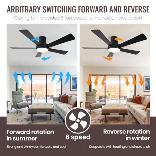 SODSEA 52 Inch Ceiling Fan with Light, Flush Mount Ceiling Fan with 5 Blades, Dimmable, Reversible Motor, 3-Colors Temperatures, 6 Speeds, Black Ceiling Fan with Remote/Alexa for Bedroom