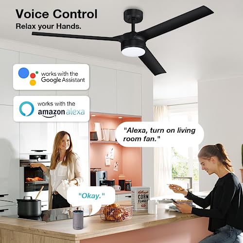 cumilo 52” Smart Outdoor Ceiling Fans with LED Lights and Remote,Quiet DC Motor,Dimmable,Indoor Modern Ceiling Fan Controlled by WIFI Alexa App,3 Matte Black Blade for Bedroom Living Room Patio Porch