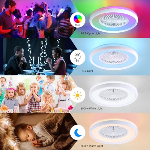 HUMHOLD 24" Bladeless Ceiling Fan with RGB Light Remote, Smart LED Ceiling Fans with Voice/App Control, Modern Low Profile Dimmable Light Ceiling Fan for Bedroom Living Room White