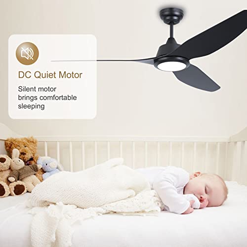Ovlaim 56 Inch Smart Ceiling Fans with Lights and Remote, 3 Blade Indoor Outdoor Modern Black Ceiling Fan for Bedroom Living Room Patio, 6 Speed High CFM Quiet DC Motor