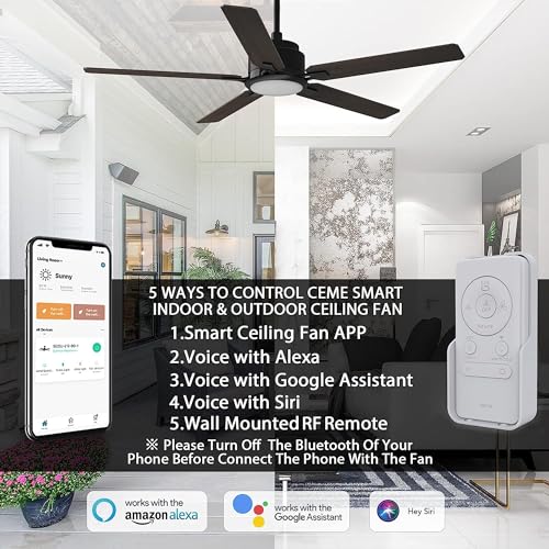 52“ Smart Ceiling Fan With Lights, Low Profile With 10 Speeds, Silent DC Motor, Modern Ceiling Fan Compatible with Alexa, Siri, Google & Smart App, Black & Walnut,Indoor & Outdoor, Farmhouse Style