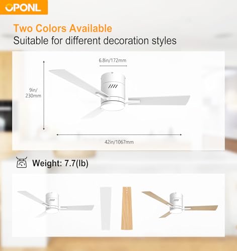 OPONL White 42 inch Ceiling Fan with Light, Remote Control, Flush Mount, Noiseless, Reversible, 6CCT, Dimmable, 6 Speeds, Timeable, Low Profile Ceiling Fan with Light for Bedroom, indoor/outdoor