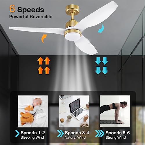 52 Inch Smart Ceiling Fans with Lights and Remote,Dimmable LED Light,Outdoor Indoor Gold White Ceiling Fan,Quiet DC Motor,High CFM 6 Speed,WIFI Alexa App Workable,for Bedroom Living Room Patio