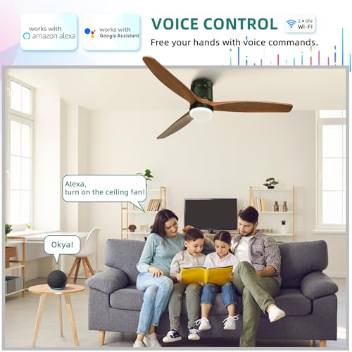 YITAHOME 52 Inch Low Profile Ceiling Fan with Light and Remote, Smart Ceiling Fan Compatible with Alexa, Flush Mount Ceiling Fan with Quiet DC Motor, Reversible Airflow for Outdoor Indoor