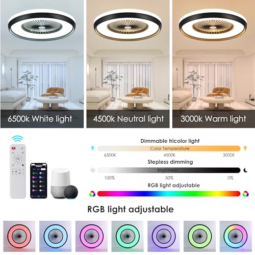 HUMHOLD 24" Bladeless Ceiling Fan with RGB Light Remote, Smart LED Ceiling Fans with Voice/App Control, Modern Low Profile Dimmable Light Ceiling Fan for Bedroom Living Room Black