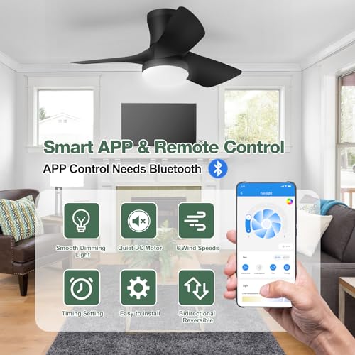Ceiling Fans with Lights: 30 Inch Low Profile Ceiling Fans with Lights and Remote & APP Control Quiet Reversible 3 Colors Dimmable 6 Speeds Flush Mount Small Black Ceiling Fan for Bedroom Bathroom