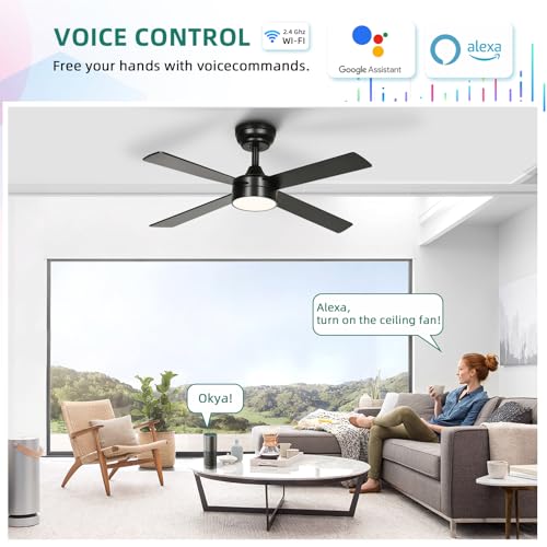 YITAHOME 48 Inch Black Ceiling Fan with Lights and Remote,4 Blades, App Control, Modern Smart Ceiling Fan Compatible with Alexa for Indoor Outdoor, Reversible Quiet Motor, Memory Function