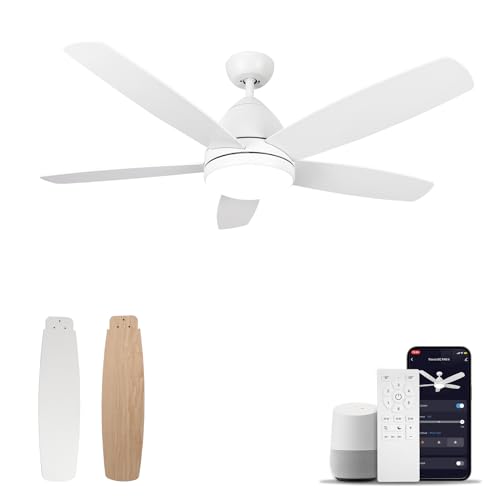 Viossn Smart Ceiling Fan With Light,52-Inch Outdoor Ceiling Fan With Remote/App,Dimmable Tri-Color LED And Reversible Motor For Indoor Bedroom/Outdoor Covered Patio,Modern White Ceiling Fan With Light