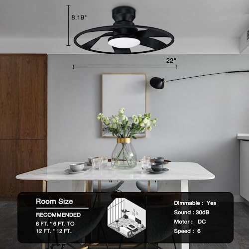 Hoenofly 22” Smart Low Profile Ceiling Fans with Lights Remote,Quiet DC Motor,Bladeless Flush Mount Ceiling Fan Controlled by WiFi Alexa App,Modern Black for Small Indoor Bedroom Outdoor Patio