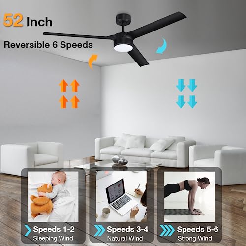 cumilo 52” Smart Outdoor Ceiling Fans with LED Lights and Remote,Quiet DC Motor,Dimmable,Indoor Modern Ceiling Fan Controlled by WIFI Alexa App,3 Matte Black Blade for Bedroom Living Room Patio Porch