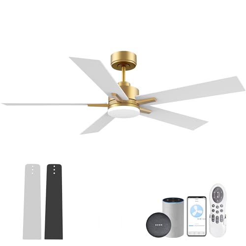 Lorpies 52” Smart Ceiling Fan with LED Lights Remote,Quite DC Motor,Voice Control via Alexa Google WIFI Phone,Outdoor Indoor Modern Ceiling Fans,Dimmable,for Bedroom Patio Porch,Gold and White Black