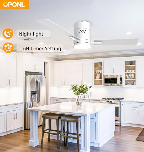 OPONL White 42 inch Ceiling Fan with Light, Remote Control, Flush Mount, Noiseless, Reversible, 6CCT, Dimmable, 6 Speeds, Timeable, Low Profile Ceiling Fan with Light for Bedroom, indoor/outdoor