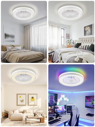 ZMISHIBO 20 inch Smart Wifi&Bluetooth Enclosed Ceiling Fan With RGBCW Light, Modern Bladeless Ceiling Fan with Alexa/Google Assistant/Remote Control For Bedroom(Timing，3000-6000K，6 Speeds)