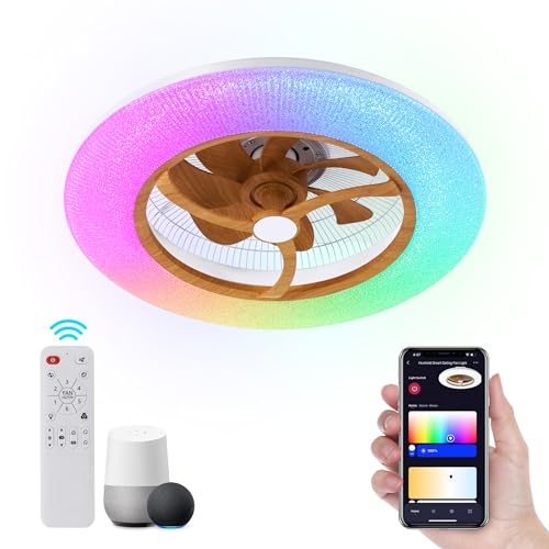Ceiling Fans with Lights Remote - 22" Smart Low Profile Ceiling Fan RGB Lights with Alexa/Google Assistant/Voice Control, 6 Speed Dimmable Ceiling Fan LED-RGB Light (Wood Grain)