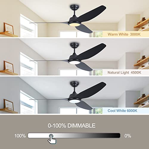 Ovlaim 56 Inch Smart Ceiling Fans with Lights and Remote, 3 Blade Indoor Outdoor Modern Black Ceiling Fan for Bedroom Living Room Patio, 6 Speed High CFM Quiet DC Motor
