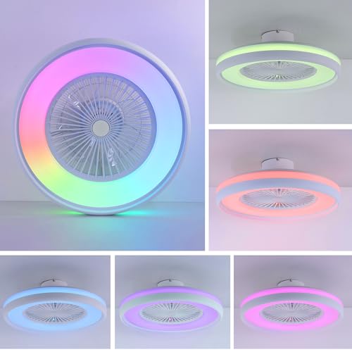 HUMHOLD 24" Bladeless Ceiling Fan with RGB Light Remote, Smart LED Ceiling Fans with Voice/App Control, Modern Low Profile Dimmable Light Ceiling Fan for Bedroom Living Room White