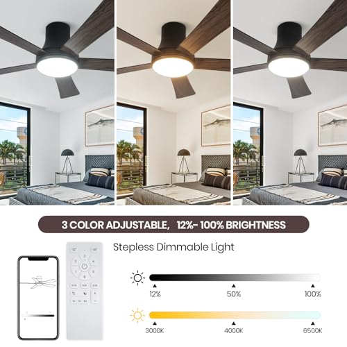 SODSEA 52 Inch Ceiling Fan with Light, Flush Mount Ceiling Fan with 5 Blades, Dimmable, Reversible Motor, 3-Colors Temperatures, 6 Speeds, Black Ceiling Fan with Remote/Alexa for Bedroom