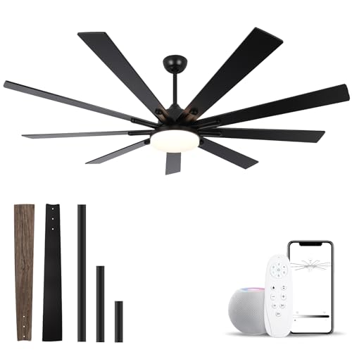 SODSEA 72 Inch Outdoor Ceiling Fan, Black Ceiling Fan with Light, 9 Fan Blades, Dimmable, Reversible, 6-Speeds, 3-Colors Temperature, Ceiling Fan with Remote for Living Room, Bedroom