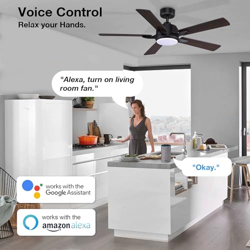 cumilo 52” Smart Ceiling Fanswith Lights Remote Control,Quiet DC Motor,Outdoor Indoor Modern Farmhouse Ceiling Fan work with Alexa App,Dimmable LED Light,Black/Brown for Bedroom Living Room Patio