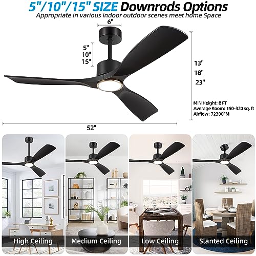 BOOSANT Ceiling Fans with Lights, Ceiling Fans with Lights and Remote Control, 52 inch Black Modern Smart Ceiling Fan with Light, Outdoor Ceiling Fans for Patios 3 Blade Bedroom Living Room（Black）