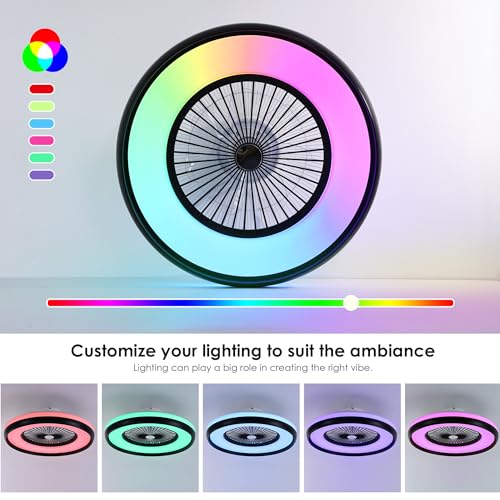 HUMHOLD 24" Bladeless Ceiling Fan with RGB Light Remote, Smart LED Ceiling Fans with Voice/App Control, Modern Low Profile Dimmable Light Ceiling Fan for Bedroom Living Room Black