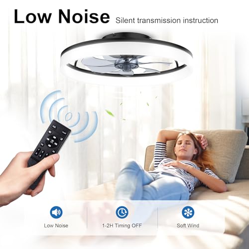 Ceiling Fans with Lights and Remote, 20" Fandelier Ceiling Fan Flush Mount, 3000K-6500K Smart Bladeless LED Fan Light, Modern Low Profile Ceiling Fan with Light for Bedroom, Kids Room and Living Room.