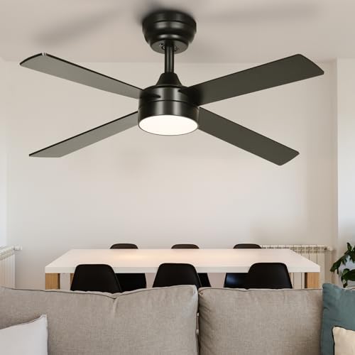 YITAHOME 48 Inch Black Ceiling Fan with Lights and Remote,4 Blades, App Control, Modern Smart Ceiling Fan Compatible with Alexa for Indoor Outdoor, Reversible Quiet Motor, Memory Function