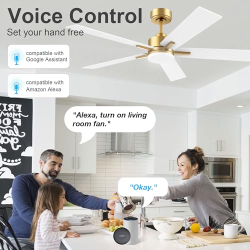Lorpies 52” Smart Ceiling Fan with LED Lights Remote,Quite DC Motor,Voice Control via Alexa Google WIFI Phone,Outdoor Indoor Modern Ceiling Fans,Dimmable,for Bedroom Patio Porch,Gold and White Black