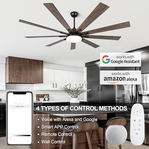 SODSEA 72 Inch Outdoor Ceiling Fan, Black Ceiling Fan with Light, 9 Fan Blades, Dimmable, Reversible, 6-Speeds, 3-Colors Temperature, Ceiling Fan with Remote for Living Room, Bedroom