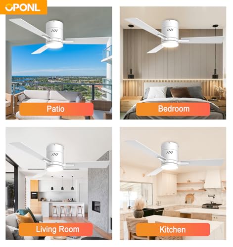 OPONL White 42 inch Ceiling Fan with Light, Remote Control, Flush Mount, Noiseless, Reversible, 6CCT, Dimmable, 6 Speeds, Timeable, Low Profile Ceiling Fan with Light for Bedroom, indoor/outdoor