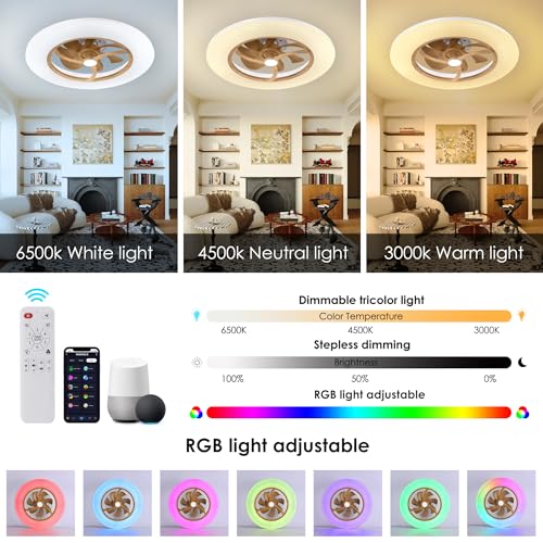 Ceiling Fans with Lights Remote - 22" Smart Low Profile Ceiling Fan RGB Lights with Alexa/Google Assistant/Voice Control, 6 Speed Dimmable Ceiling Fan LED-RGB Light (Wood Grain)
