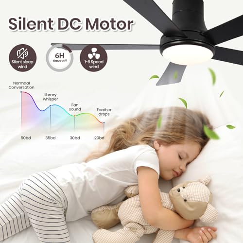 SODSEA 52 Inch Ceiling Fan with Light, Flush Mount Ceiling Fan with 5 Blades, Dimmable, Reversible Motor, 3-Colors Temperatures, 6 Speeds, Black Ceiling Fan with Remote/Alexa for Bedroom