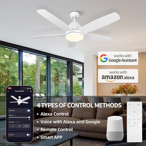 Viossn Smart Ceiling Fan With Light,52-Inch Outdoor Ceiling Fan With Remote/App,Dimmable Tri-Color LED And Reversible Motor For Indoor Bedroom/Outdoor Covered Patio,Modern White Ceiling Fan With Light