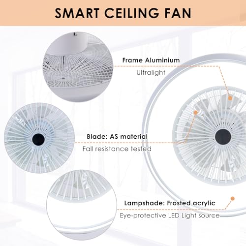 HUMHOLD 24" Bladeless Ceiling Fan with RGB Light Remote, Smart LED Ceiling Fans with Voice/App Control, Modern Low Profile Dimmable Light Ceiling Fan for Bedroom Living Room White