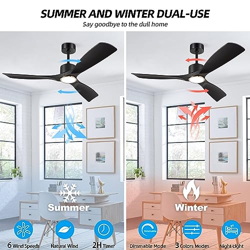 BOOSANT Ceiling Fans with Lights, Ceiling Fans with Lights and Remote Control, 52 inch Black Modern Smart Ceiling Fan with Light, Outdoor Ceiling Fans for Patios 3 Blade Bedroom Living Room（Black）