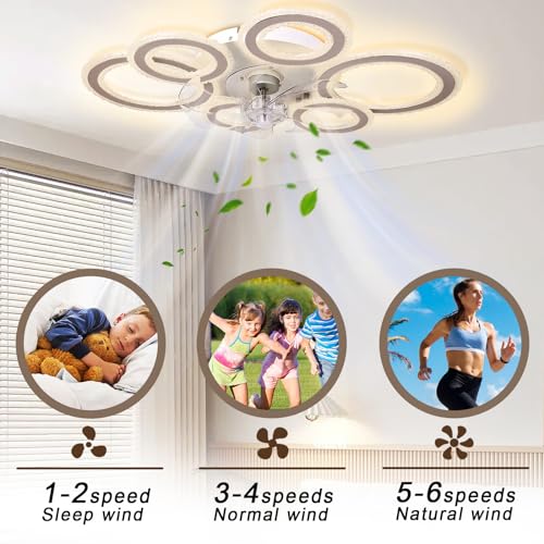 AFWAO 76cm Smart Ceiling Fans with Lights and Remote, Modern Low Profile 6 Reversible Speeds Bedroom Ceiling Fan with Lighting, LED Quiet Dimmable Ceiling Fan for Home Office Dining Room