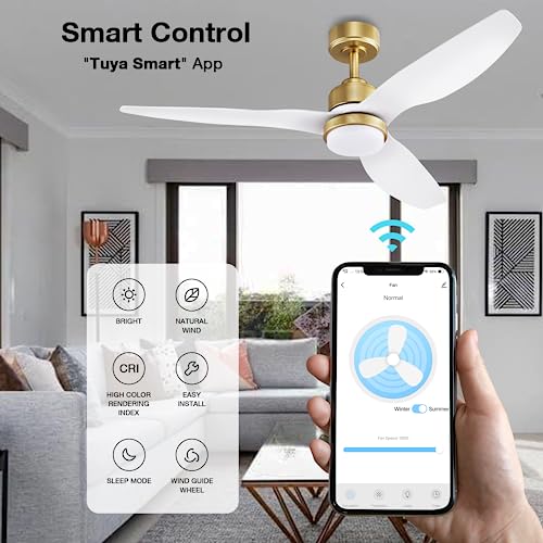 52 Inch Smart Ceiling Fans with Lights and Remote,Dimmable LED Light,Outdoor Indoor Gold White Ceiling Fan,Quiet DC Motor,High CFM 6 Speed,WIFI Alexa App Workable,for Bedroom Living Room Patio
