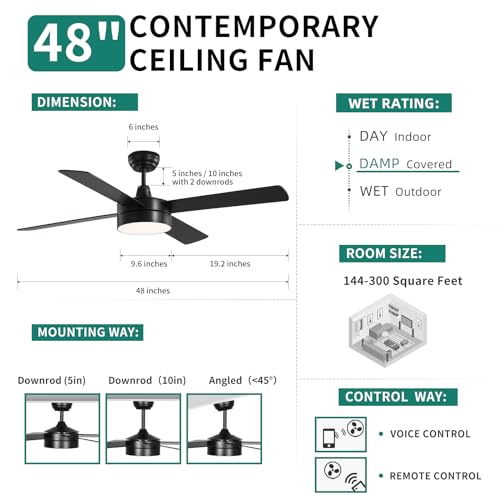YITAHOME 48 Inch Black Ceiling Fan with Lights and Remote,4 Blades, App Control, Modern Smart Ceiling Fan Compatible with Alexa for Indoor Outdoor, Reversible Quiet Motor, Memory Function